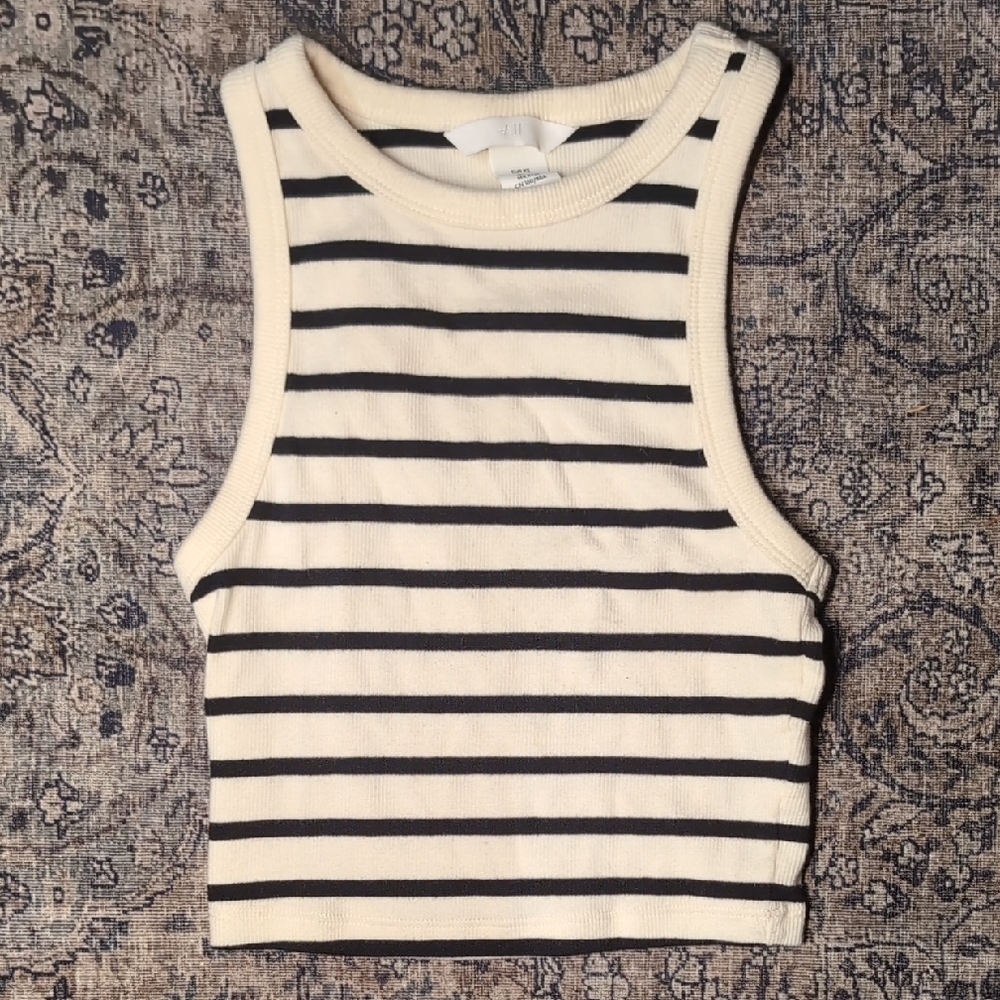 H&M Cream and Black Striped Ribbed Crop Tank